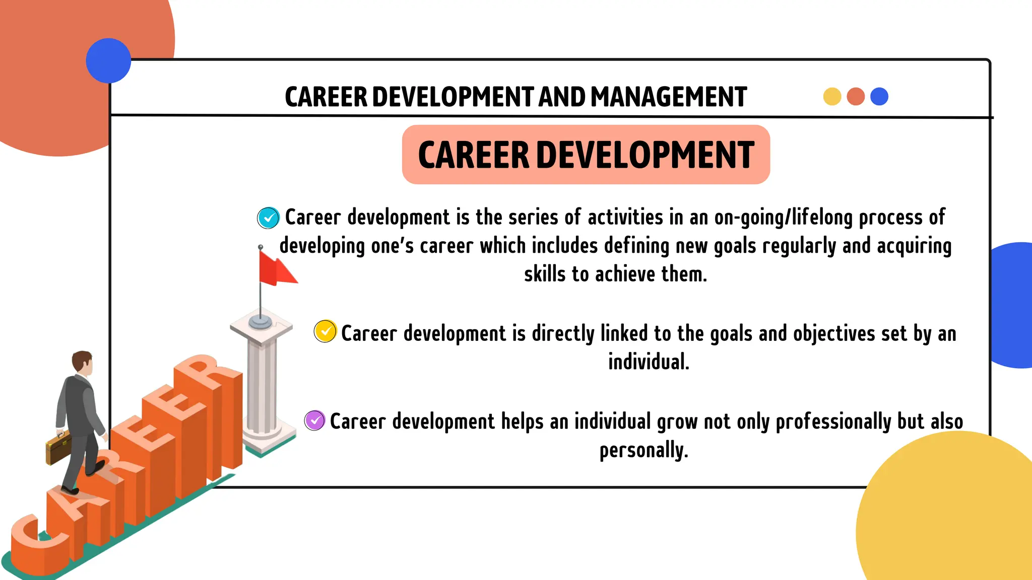 CAREERDEVELOPMENTANDMANAGEMENT
Career development is the series of activities in an on-going/lifelong process of
developing one’s career which includes defining new goals regularly and acquiring
skills to achieve them.
Career development is directly linked to the goals and objectives set by an
individual.
Career development helps an individual grow not only professionally but also
personally.
CAREERDEVELOPMENT
 