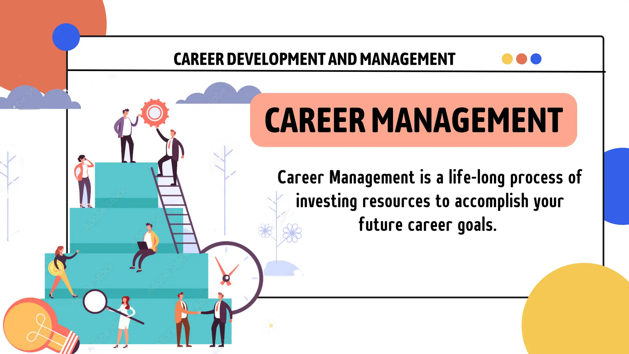 CAREERDEVELOPMENTANDMANAGEMENT
Career Management is a life-long process of
investing resources to accomplish your
future career goals.
CAREERMANAGEMENT
 