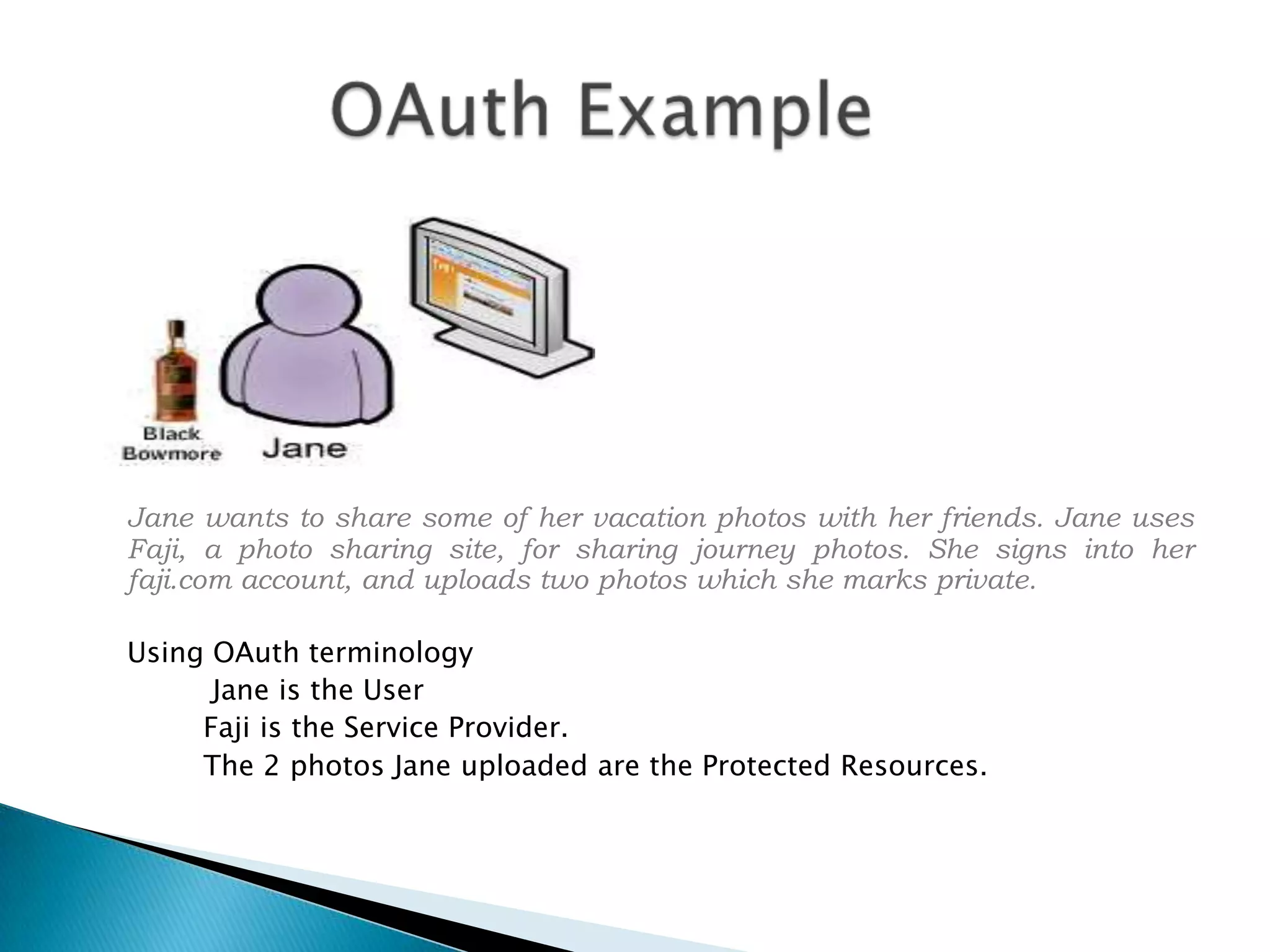 Jane wants to share some of her vacation photos with her friends. Jane uses Faji, a photo sharing site, for sharing journey photos. She signs into her faji.com account, and uploads two photos which she marks private.	Using OAuth terminology		 Jane is the User 		Faji is the Service Provider. 		The 2 photos Jane uploaded are the Protected Resources.		OAuth Example