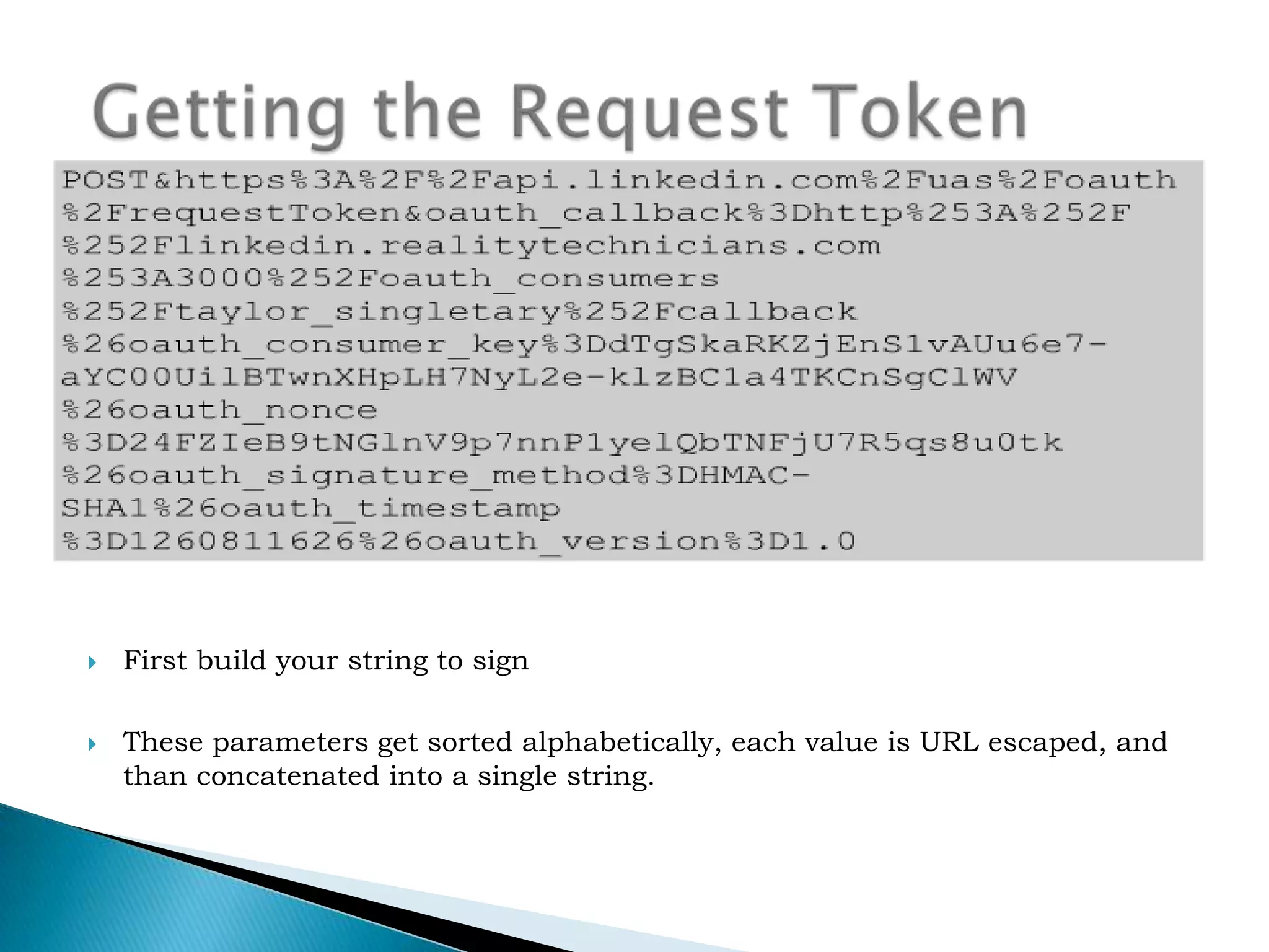 Create your Authorization HTTP Header & and Issue the  requestNow we sign this string using our consumer secret and create an HTTP Authorization header. The signature should be placed in the oauth_signature valueGetting the Request token