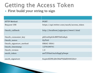 Create your Authorization HTTP Header & and Issue the  requestNow we sign this string using our request token secret and create an HTTP Authorization header. The signature should be placed in the oauth_signature valueGetting the Access token