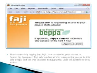 After successfully logging into Faji, Jane is asked to grant access to Beppa, the Consumer. Faji informs Jane of who is requesting access (in this case Beppa) and the type of access being granted. Jane can approve or deny access.