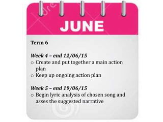 Term 6
Week 4 – end 12/06/15
o Create and put together a main action
plan
o Keep up ongoing action plan
Week 5 – end 19/06/15
o Begin lyric analysis of chosen song and
asses the suggested narrative
 