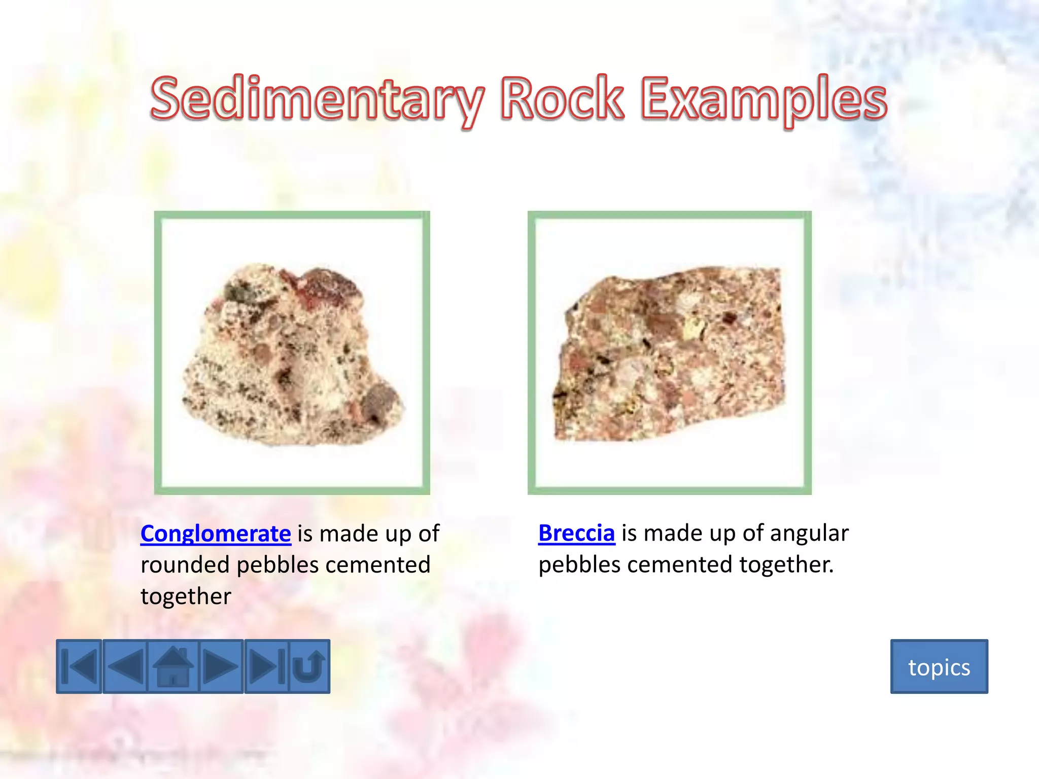 Conglomerate is made up of
rounded pebbles cemented
together

Breccia is made up of angular
pebbles cemented together.

topics

 