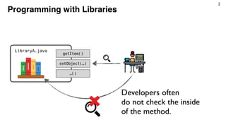 2
Programming with Libraries
LibraryA.java
getItem()
setObject(…)
…()
Developers often
do not check the inside
of the meth...