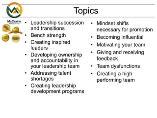 • Leadership succession
and transitions
• Bench strength
• Creating inspired
leaders
• Developing ownership
and accountability in
your leadership team
• Addressing talent
shortages
• Creating leadership
development programs
• Mindset shifts
necessary for promotion
• Becoming influential
• Motivating your team
• Giving and receiving
feedback
• Team dysfunctions
• Creating a high
performing team
Topics
 