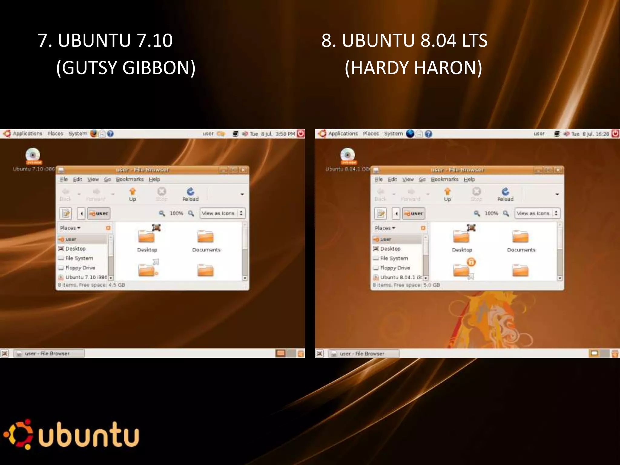 7. UBUNTU 7.10      8. UBUNTU 8.04 LTS
   (GUTSY GIBBON)      (HARDY HARON)
 