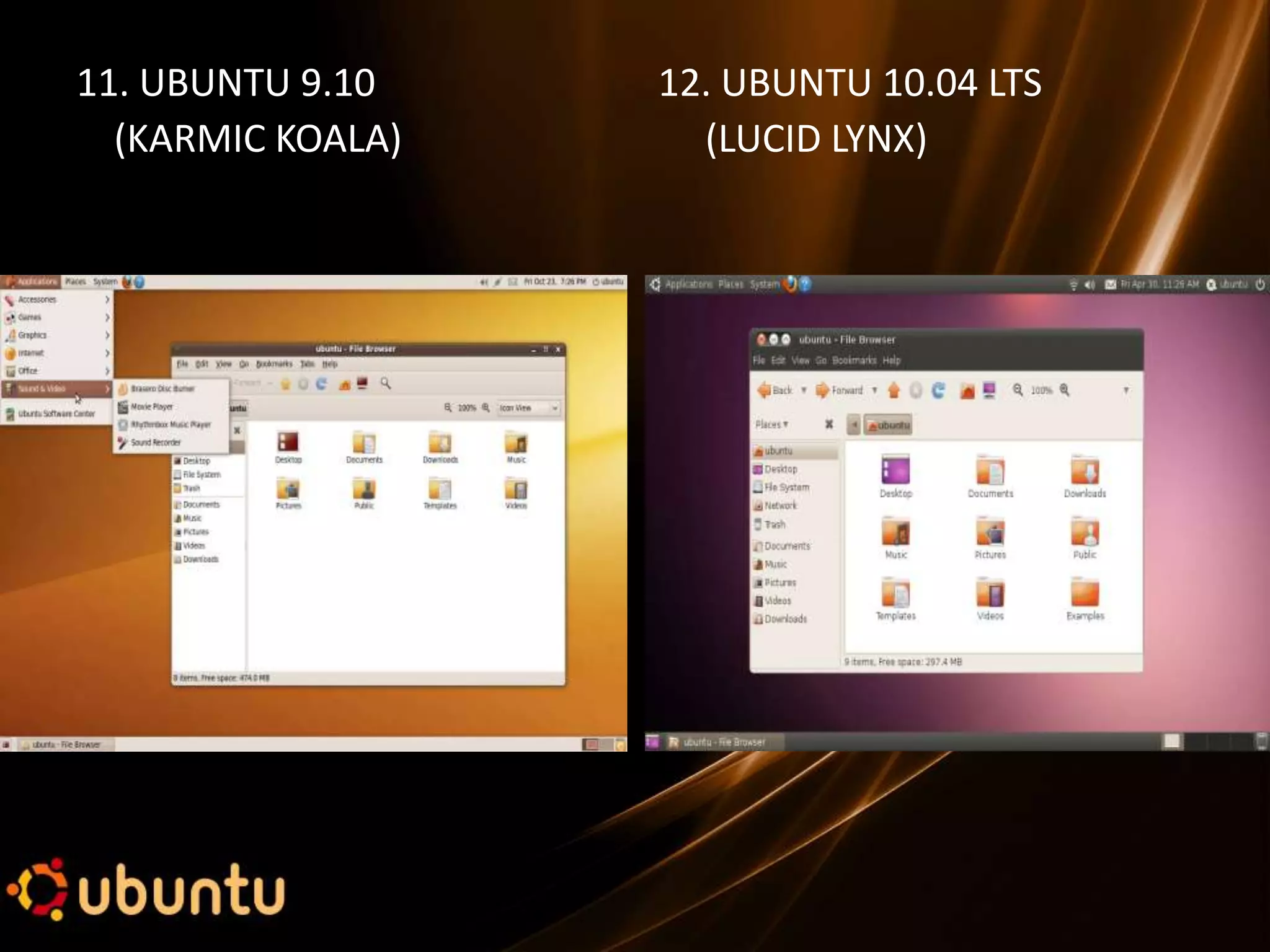 11. UBUNTU 9.10    12. UBUNTU 10.04 LTS
  (KARMIC KOALA)     (LUCID LYNX)
 