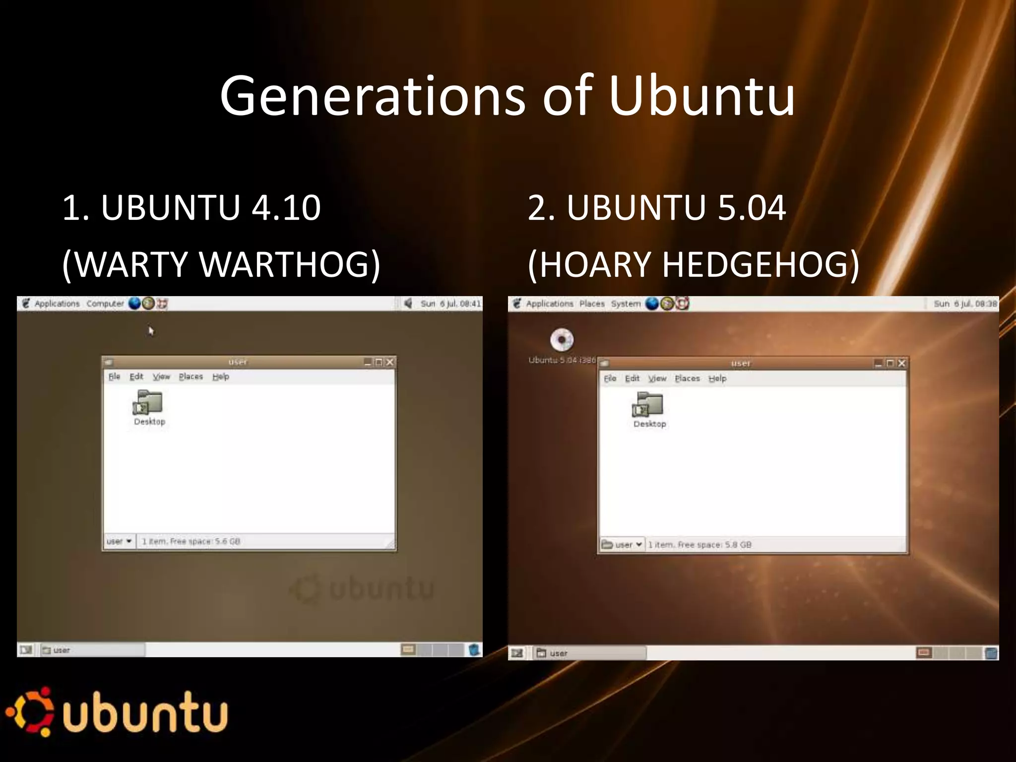 Generations of Ubuntu
1. UBUNTU 4.10    2. UBUNTU 5.04
(WARTY WARTHOG)   (HOARY HEDGEHOG)
 