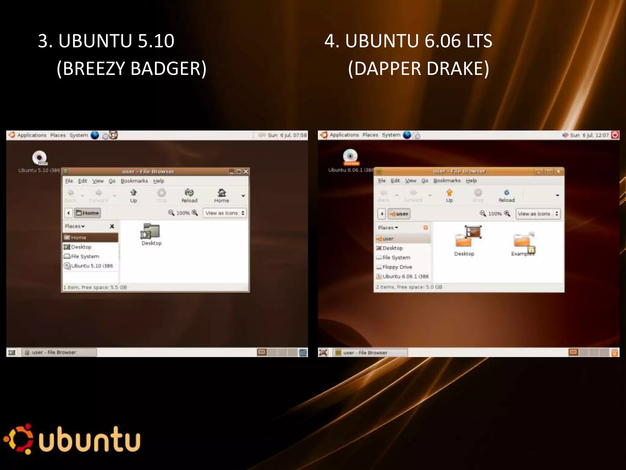 3. UBUNTU 5.10       4. UBUNTU 6.06 LTS
   (BREEZY BADGER)      (DAPPER DRAKE)
 