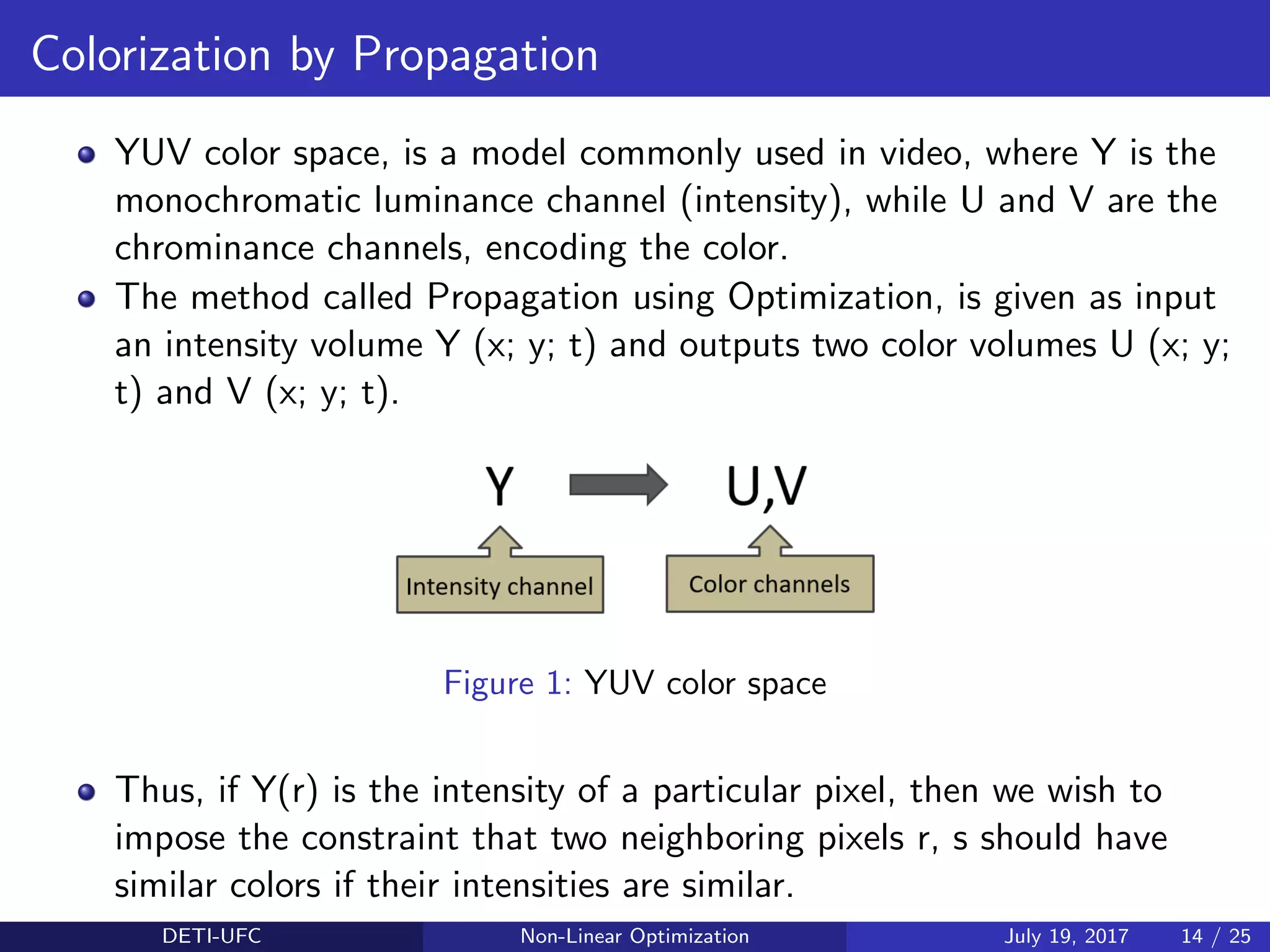 Colorization by Propagation
YUV color space, is a model commonly used in video, where Y is the
monochromatic luminance channel (intensity), while U and V are the
chrominance channels, encoding the color.
The method called Propagation using Optimization, is given as input
an intensity volume Y (x; y; t) and outputs two color volumes U (x; y;
t) and V (x; y; t).
Figure 1: YUV color space
Thus, if Y(r) is the intensity of a particular pixel, then we wish to
impose the constraint that two neighboring pixels r, s should have
similar colors if their intensities are similar.
DETI-UFC Non-Linear Optimization July 19, 2017 14 / 25
 