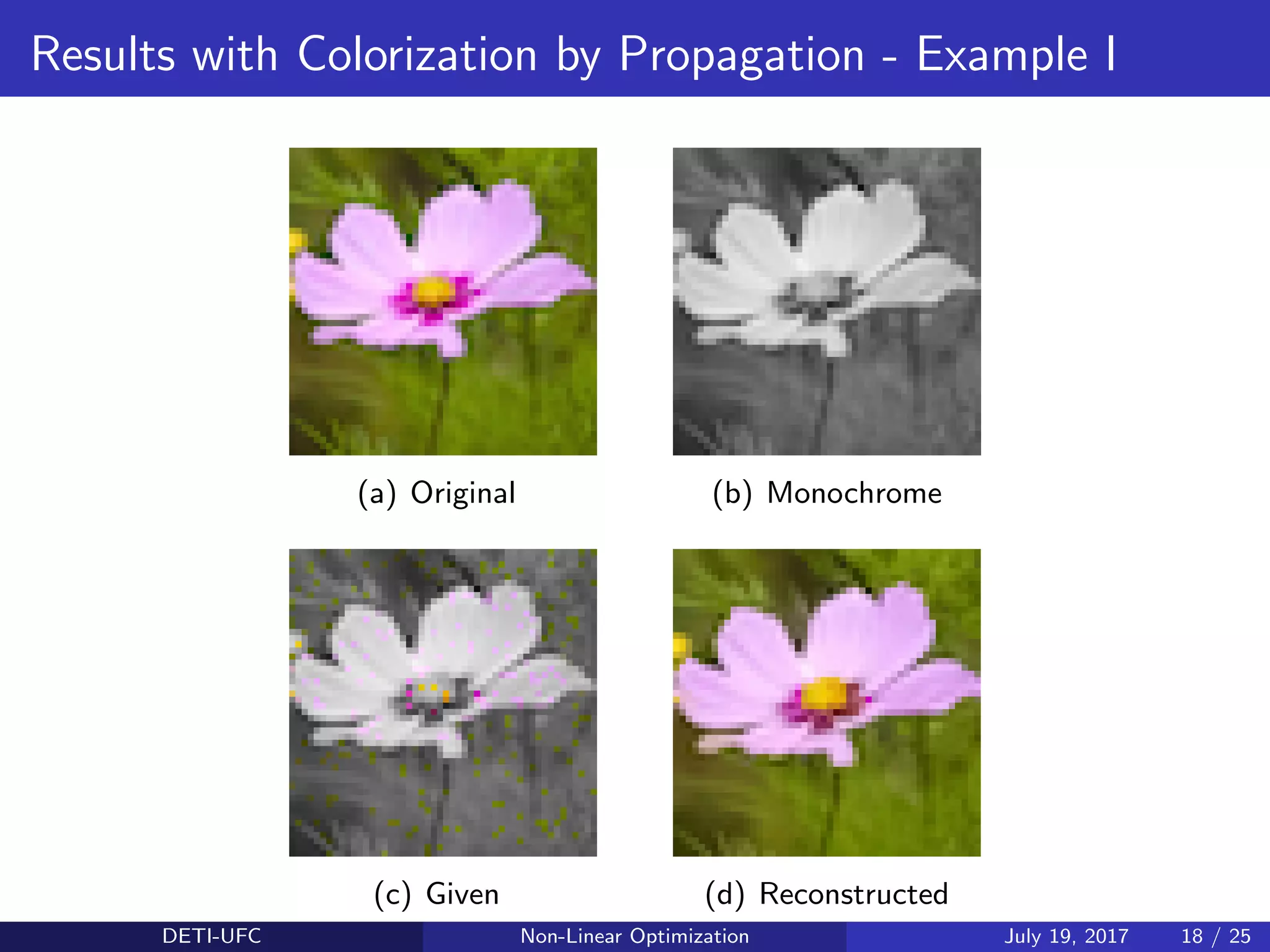 Results with Colorization by Propagation - Example I
(a) Original (b) Monochrome
(c) Given (d) Reconstructed
DETI-UFC Non-Linear Optimization July 19, 2017 18 / 25
 