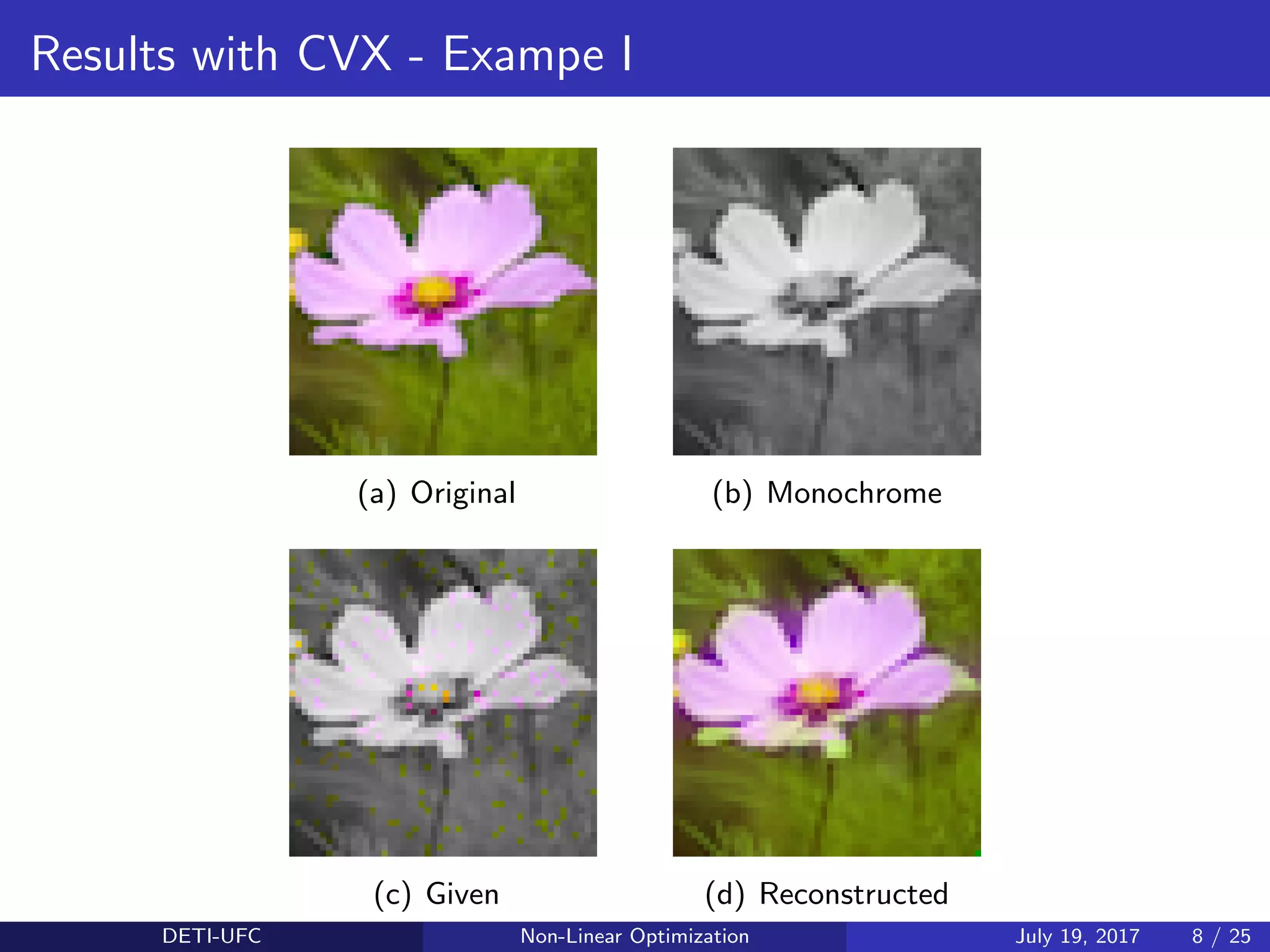 Results with CVX - Exampe I
(a) Original (b) Monochrome
(c) Given (d) Reconstructed
DETI-UFC Non-Linear Optimization July 19, 2017 8 / 25
 