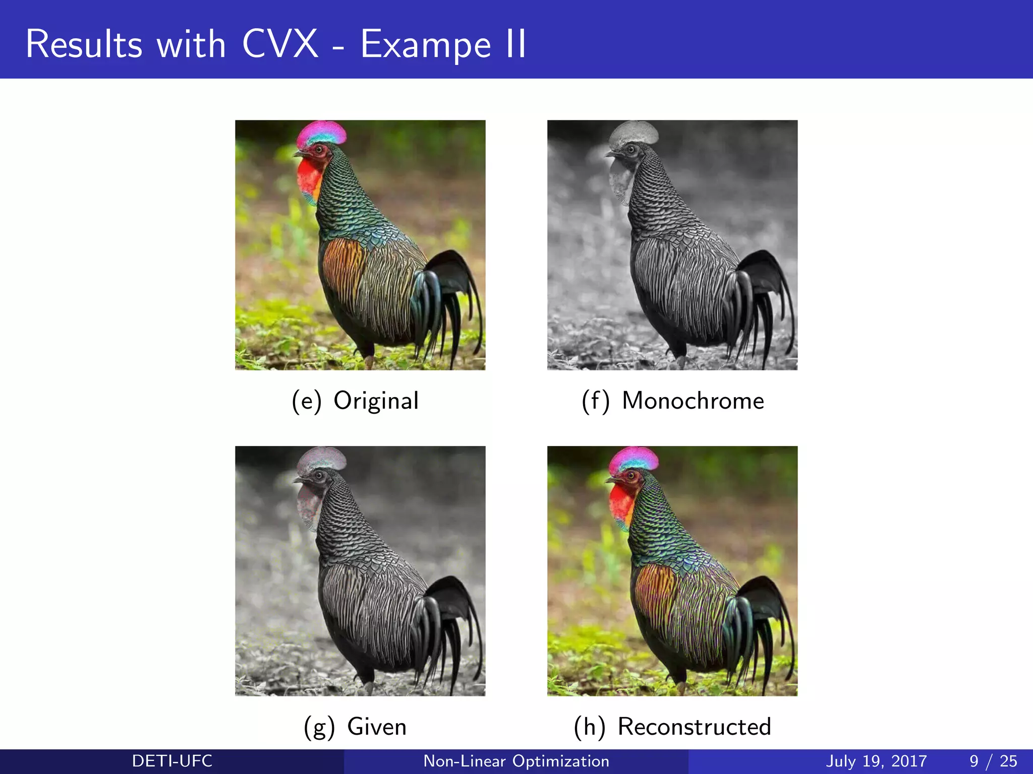 Results with CVX - Exampe II
(e) Original (f) Monochrome
(g) Given (h) Reconstructed
DETI-UFC Non-Linear Optimization July 19, 2017 9 / 25
 