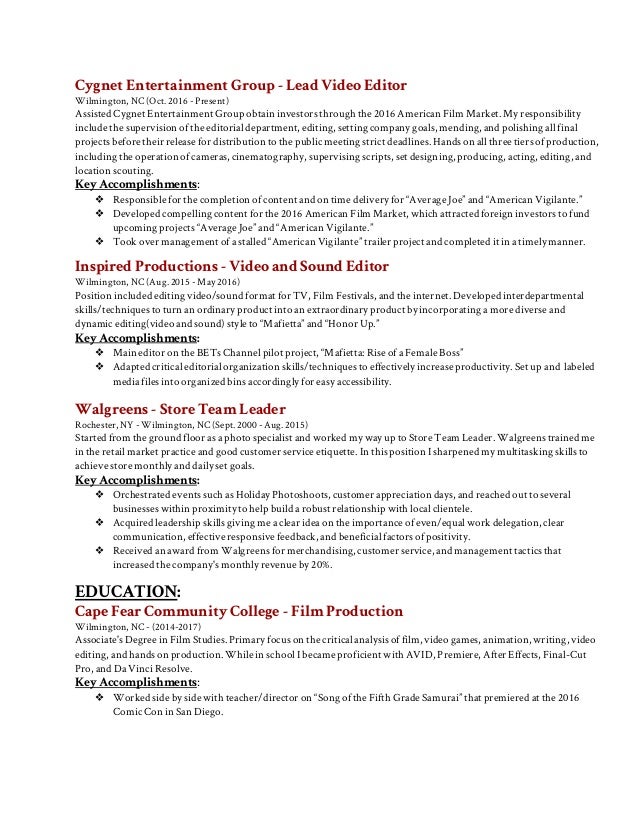 video editing resume resume for video editor