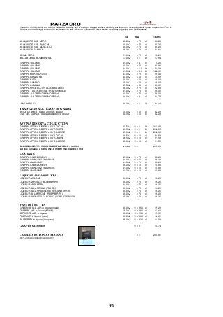 MARZADRO 
Created in 1949 by Attilio and Sabrina Marzadro. Is today one of the top 4 Grappa producers in Italy, and leading in revamping of old liqueur recipIes from Trantino. 
"It is become increasingly common for bar tenders to hear: Give me a Marzardro" Never before has a drop of grappa been given a name. 
Vol Size £/Bottle 
ACQUAVITE UVE NERE 40.0% x 70 cl 30.28 
ACQUAVITE UVE BIANCHE 40.0% x 70 cl 30.28 
ACQUAVITE UVE MOSCATO 40.0% x 70 cl 30.28 
ACQUAVITE DI MELE 45.0% x 70 cl 31.61 
ANIMA NERA 21.0% x 70 cl 18.21 
BELLABOMBA BOMBARDINO 17.0% x 1 Lt 17.94 
GRAPPA 18 LUNE 41.0% x 4 cl 4.26 
GRAPPA 18 LUNE 41.0% x 70 cl 30.85 
GRAPPA 18 LUNE 41.0% x 1.5 Lt 71.32 
GRAPPA 18 LUNE 41.0% x 3.0 Lt 142.61 
GRAPPA MARZADRO 43 43.0% x 70 cl 29.43 
GRAPPA GENZIANA 40.0% x 50 cl 19.02 
GRAPPA RUTA 40.0% x 50 cl 19.02 
GRAPPA CUMINO 40.0% x 50 cl 19.02 
GRAPPA CAMILLA 37.5% x 50 cl 30.62 
GRAPPA PROSECCO VALDOBBIADENE 38.0% x 70 cl 22.64 
GRAPPA - LA TRENTINA TRADIZIONALE 41.0% x 70 cl 28.00 
GRAPPA - LA TRENTINA MORBIDA 41.0% x 70 cl 28.00 
GRAPPA - LA TRENTINA MORBIDA 41.0% x 4 cl 31.77 
LEMONCELLO 30.0% x 1 Lt 21.18 
TRADIZIONALE "LAGO DI GARDA" 
ANICE DI ANNA - sweet aromatic liqueur 50.0% x 50 cl 32.22 
OLIA DEL GARDA - grappa based olive liqueur 40.0% x 50 cl 32.22 
AFFINA RISERVA COLLECTION 
GRAPPA AFFINA RISERVA 03' ACACIA 40.5% 1 x 1 Lt 212.05 
GRAPPA AFFINA RISERVA 03' ROVERE 46.5% 1 x 1 Lt 212.05 
GRAPPA AFFINA RISERVA 03' CILLIEGIE 43.0% 1 x 1 Lt 212.05 
GRAPPA AFFINA RISERVA 03' ACACIA 40.5% 1 x 10 cl 21.58 
GRAPPA AFFINA RISERVA 03' ROVERE 46.5% 1 x 10 cl 21.58 
GRAPPA AFFINA RISERVA 03' CILLIEGIE 43.0% 1 x 10 cl 21.58 
CONFEZIONE: TRI WOODEN DISPLAY BOX - 3x35cl As above 1 x 227.68 
Gift Box Contains : ACACIA 35cl, ROVERE 35cl, CILLIEGIE 35cl 
LE GIARE 
GRAPPA CHARDONNAY 45.0% 1 x 70 cl 38.28 
GRAPPA GEWUERZTRAMINER 41.0% 1 x 70 cl 38.28 
GRAPPA AMARONE 41.0% 1 x 70 cl 38.28 
GRAPPA CHARDONNAY 45.0% 1 x 10 cl 10.80 
GRAPPA GEWUERZTRAMINER 41.0% 1 x 10 cl 10.80 
GRAPPA AMARONE 41.0% 1 x 10 cl 10.80 
LIQUORI ALLA FRUTTA 
LIQUEUR MELONE 30.0% x 70 cl 16.25 
LIQUEUR MIRTILLO (BLUEBERRY) 30.0% x 70 cl 16.25 
LIQUEUR MISS PERA 21.0% x 70 cl 16.25 
LIQUEUR ALLA PESCA (PEACH) 30.0% x 70 cl 16.25 
LIQUEUR ALLA FRAGOLINE (STRAWBERRY) 30.0% x 70 cl 16.25 
LIQUEUR AL LAMPONE (RASPBERRY) 30.0% x 70 cl 16.25 
LIQUEUR AI FRUTTI DI BOSCO (FOREST FRUITS) 30.0% x 70 cl 16.25 
VASI DI FRUTTA 
GREEN APPLE JAR in liquore (mela) 40.0% 1 x 350 cl 15.22 
CHERRY JAR in liquore (Mirtilli) 15.0% 1 x 280 cl 12.40 
APRICOTE JAR in liquore 30.0% 1 x 250 cl 15.32 
PEAR JAR in liquore (pere) 30.0% 1 x 300 cl 12.61 
RASBERRY in liquore (lampone) 25.0% 1 x 320 cl 11.88 
GRAPPA GLASSES 1 x 6 10.74 
CARELLO ROTONDO MOGANO x 1 280.81 
DISTILLERIA ACCESSORI (MAHOGANY) 
13 
 