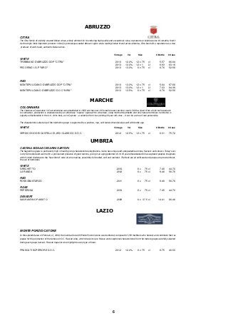 ABRUZZO 
CITRA 
The Citra family of stylishly created Italian wines, widely admired for its enduring high quality and exceptional value, represents a reliable source of versatile, food-friendly varietal wines. 
As the single most important producer in Italy's picturesque coastal Abruzzi region and a leading Italian brand across America, Citra has built a reputation as a trusted 
producer of well-made, authentic Italian wines. 
Vintage Vol Size £/Bottle £/Case 
WHITE 
TREBBIANO D'ABRUZZO DOP "CITRA" 2013 12.0% 12 x 75 cl 5.57 66.84 
2013 12.0% 12 x 1 Lt 6.93 83.16 
PECORINO I.G.P "NIRO" 2013 13.0% 6 x 75 cl 8.76 52.56 
RED 
MONTEPULICIANO D'ABRUZZO DOP "CITRA" 2013 13.0% 12 x 75 cl 5.64 67.68 
2013 13.0% 12 x 1 Lt 7.03 84.36 
MONTEPULCIANO D'ABRUZZO D.O.C "NIRA" 2010 13.5% 6 x 75 cl 8.76 52.56 
MARCHE 
COLONNARA 
The Colonnara Cooperative in Cupramontana was established in 1959 and has now 183 small growers owning nearly 300 ha. Apart from a high tech approach 
to vinification, production is characterised by an effectively “organic” approach to viticulture, using minimal treatments and only natural fertilisers. Verdicchio is 
unjustly unfashionable in the U.K. At its best, as in Cuprese – a selection from low yielding 20 year old vines – it can be a wine of real personality. 
The characteristic salty tang of the Verdicchio grape is supported by a positive, ripe, soft texture that develops well with bottle age. 
WHITE Vintage Vol Size £/Bottle £/Case 
VERDICCHIO DEI CASTELLI DI JESI CLASSICO D.O.C. 2012 12.5% 12 x 75 cl 6.31 75.72 
UMBRIA 
CANTINA SIGNAE CESARINI SARTORI 
The Sagrantino grape is particularly high in health giving characteristics polyphenols, it also has unique and unrepeatable aromas, flavours and colours. Today's version 
is dry full-bodied and warm with a pronounced presence of good tannins, giving it an aging potential of 10-15 years.Rossobastardo has captured peoples imagination 
with it's bold challenge to the "New World" style of wine making, powerfully full bodied, soft and rounded. The Reds are all unfiltered and grapes are grown without 
the use of herbicides. 
WHITE 
GRECHETTO 2013 6 x 75 cl 7.45 44.70 
LA RANDA 2012 6 x 75 cl 9.46 56.76 
RED 
ROSSOBASTARDO 2011 6 x 75 cl 9.46 56.76 
ROSE 
PEPEROSA 2013 6 x 75 cl 7.45 44.70 
DESSERT 
SAGRANTINO PASSITO 2009 6 x 37.5 cl 14.41 86.46 
LAZIO 
MONTE PORZIO CATONE 
In this splendid area on February 2, 1960, the Cantina Social di Monte Porzio Catone was instituted, composed of 250 members who harvest and contribute their own 
grapes for the production of the famous D.O.C. Frascati wine, which draws its rare finesse and exceptional characteristics from the mature grapes carefully selected 
during each grape harvest. Frascati Superior wine highlights every type of meal. 
FRASCATI SUPERIORE D.O.C. 2012 12.0% 6 x 75 cl 6.75 40.50 
6 
 