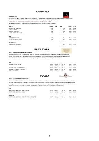 CAMPANIA 
SORRENTINO 
The geologic conformation of Vesuvian slopes, the rare characteristics of vulcanic soil and a marvellous microclimate make the Azienda Sorrentino’s territory 
one of Italy’s most interesting viticultural areas, with a traditional inclination and a great potential, not yet fully developed. 
Paolo Sorrentino and his son Giuseppe managed to be innovative pioneers without neglecting tradition, 
and realised lots of viticultural varieties always different and, at the same time, with the same exceptional quality. 
WHITE Vintage Vol Size £/Bottle £/Case 
FALANGHINA VINARIUM 2013 6 x 75 cl 7.27 43.62 
GRECO DI TUFO 2013 6 x 75 cl 8.94 53.64 
FIANO DI AVELLINO 2013 6 x 75 cl 8.94 53.64 
LACRYMA CHRISTI BIANCO 2013 6 x 75 cl 6.55 39.30 
RED 
PIEDIROSSO MOGGI 2013 6 x 75 cl 7.48 44.88 
LACRYMA CHRISTI ROSSO 2013 6 x 75 cl 6.55 39.30 
SPARKLING 
DORE SPUMANTE BRUT 6 x 75 cl 8.23 49.38 
BASILICATA 
CASA VINICOLA DONATO D'ANGELO 
To quote Burton Anderson, the D’Angelo brothers, Donato and Lucio, are “the undisputed leaders in the Basilicata … with Aglianico that ranks with 
the finest reds of southern Italy”. The Aglianico variety is sometimes considered the Nebbiolo of the south for its tarry aromas and powerful tannins. 
Donato D’Angelo’s magic as a winemaker lies in timing the grape’s aggression and making a wine with suppleness and elegance. 
RED 
AGLIANICO VITIS DIVINA 2008 13.0% 12 x 75 cl 9.42 113.04 
2009 13.0% 12 x 75 cl 9.42 113.04 
AGLIANICO DEL VULTURE D.O.C. 2009 13.0% 12 x 75 cl 11.49 137.88 
AGLIANICO 'DONATO D'ANGELO' 2009 14.0% 12 x 75 cl 15.29 183.48 
ROSSO BALCONARA 2009 14.0% 12 x 75 cl 16.58 198.96 
PUGLIA 
CONSORIZIO PRODUTTORI VINI 
The Consorzio Produttori Vini of Manduria has a area planted with vines of 900 hectares and over, of which more than half destined to the production of Primitivo. 
The system of rearing more used in particular in the vineyards longer-lived is the that of sapling or short bush, while in the younger systems is used the espalier. 
The average density for hectare is between 4000 and 5000 bases of trees of 900 quintals for hectare. It is very important that our vine-growers reserve an other historic vine of Salento: 
the Negroamaro, with a production of 25%. The productions of Merlot, Cabernet and Malvasia are of less importance according to a quantitative analysis. 
RED 
PRIMITIVO DI MANDURIA MEMORIA DOP 2010 14.0% 6 x 75 cl 8.81 52.86 
PRIMITIVO DI MANDURIA LIRICA 2010 14.0% 6 x 75 cl 9.48 56.88 
DESSERT 
PRIMITIVO DI MANDURIA MADRIGALE ORO (PASSITO) 2007 15.0% 6 x 50 cl 15.28 91.68 
7 
 