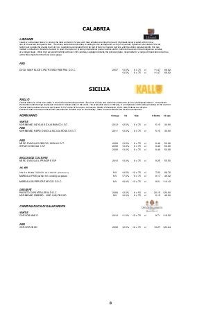 CALABRIA 
LIBRANDI 
Calabria's viticultural history is among the most ancient in Europe, with local athletes returning from early Olympiads being greeted with Krimisa, 
one of the earliest European wines. The family-owned Librandi winery is adding to this heritage with a very 21st ventury dynamism at a state-of-the-art 
facility just outside the coastal town of Ciro. Calabrians are isolated from the rest of Italy by moutain barriers, and the strong regional identity this has 
instilled is reflected in librandi's decision to spurn the option of growing international grape varieties and to promote the area's myriad indigenous varieties 
on a bigger stage. While they are experimenting with over 150 varietals, Caglioppo remains the prinicpal grape, responsible for a range of impeccable red wines, 
with whites made from the floral Greco grape. 
RED 
DUCA SAN FELICE CIRO' ROSSO RISERVA D.O.C 2007 13.5% 6 x 75 cl 11.47 68.82 
13.5% 6 x 75 cl 11.47 68.82 
SICILIA 
RALLO 
Cantine Rallo are a first rate reality in the Sicilian winemaking context. Their love of Sicily and wines has led them to go for a challenging mission: to represent 
the tradition and the high expression of western Sicilian wines in the world. The production site is in Marsala, in an impressive 19th century building on the sea front. 
Cantine Rallo produces the most well known D.O.C. wines of the region as Marsala, Passito di Pantelleria, Grillo, Nero D’Avola and Alcamo. 
Excellent wines are also produced from international varietals such as Chardonnay, which are well suited to the Sicilian environment. 
NORMANNO Vintage Vol Size £/Bottle £/Case 
WHITE 
NORMANNO INZOLIA SICILIA BIANCO I.G.T. 2012 12.5% 6 x 75 cl 5.15 30.90 
RED 
NORMANNO NERO D'AVOLA SICILIA ROSSO I.G.T. 2011 13.0% 6 x 75 cl 5.15 30.90 
RED 
NERO D'AVOLA ROSSO DI SICILIA I.G.T. 2008 13.5% 6 x 75 cl 8.48 50.88 
SYRAH DI SICILIA I.G.T 2008 13.0% 6 x 75 cl 8.48 50.88 
2009 13.0% 6 x 75 cl 8.48 50.88 
BIOLOGICO CULTURE 
NERO D'AVOLA IL PRINCIPE IGP 2010 13.0% 6 x 75 cl 9.25 55.50 
ALVIS 
VINO AROMATIZZATO ALL’UOVO (Cremovo) NV 14.5% 12 x 75 cl 7.23 86.76 
MARSALA FINE perfect for cooking purposes NV 17.0% 6 x 75 cl 8.17 49.02 
MARSALA SUPERIORE SECCO D.O.C. NV 18.0% 12 x 75 cl 9.51 114.12 
DESSERT 
PASSITO DI PANTELLERIA D.O.C. 2006 12.0% 6 x 50 cl 20.15 120.90 
NORMANNO ZIBIBBO - VINO LIQUOROSO N/V 16.0% 6 x 75 cl 8.15 48.90 
CANTINA DUCA DI SALAPARUTA 
WHITE 
CORVO BIANCO 2012 11.5% 12 x 75 cl 9.71 116.52 
RED 
CORVO ROSSO 2008 12.5% 12 x 75 cl 10.27 123.24 
8 
 