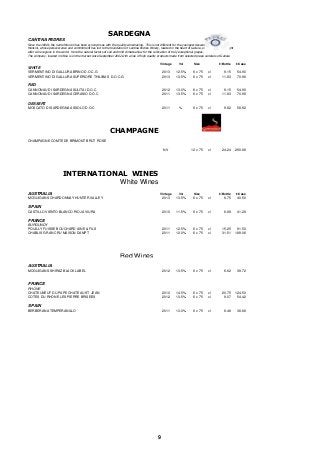 SARDEGNA 
CANTINA PEDRES 
Since the 1800's the name Mancini has been synonymous with the quality winemaking. This is not different for the youngest descendant, Giovanni 
Mancini, whose perseverance and commitment has led to the foundation of Cantina Pedres Winery, located in the heart of Gallura, one of the most sought 
after wine regions in the world. Here the natural factors of soil and mild climate allow for the cultivation of truly exceptional grapes. 
The company, located in Olbia is on the market since September 2002 with a line of high quality products made from selected grape varietals of Gallura 
Vintage Vol Size £/Bottle £/Case 
WHITE 
VERMENTINO DI GALLURA BRINO D.O.C.G 2013 12.5% 6 x 75 cl 9.15 54.90 
VERMENTINO DI GALLURA SUPERIORE THILIBAS D.O.C.G 2013 13.5% 6 x 75 cl 11.83 70.98 
RED 
CANNONAU DI SARDEGNA SULITAI D.O.C 2012 13.0% 6 x 75 cl 9.15 54.90 
CANNONAU DI SARDEGNA CERASIO D.O.C 2011 13.5% 6 x 75 cl 11.83 70.98 
DESSERT 
MOSCATO DI SARDEGNA ASSOLO D.O.C 2011 % 6 x 75 cl 9.82 58.92 
CHAMPAGNE 
CHAMPAGNE COMTE DE BRIMONT BRUT ROSE 
NV 12 x 75 cl 24.24 290.88 
INTERNATIONAL WINES 
White Wines 
AUSTRALIA Vintage Vol Size £/Bottle £/Case 
MCGUIGANS CHARDONNAY HUNTER VALLEY 2013 13.5% 6 x 75 cl 6.75 40.50 
SPAIN 
CASTILLO VIENTO BLANCO RIOJA VIURA 2010 11.5% 6 x 75 cl 6.88 41.28 
FRANCE 
BURGUNDY 
POUILLY FUISSE BOUCHARD AINE & FILS 2011 12.5% 6 x 75 cl 15.25 91.50 
CHABLIS GRAN CRU MAISON DAMPT 2011 12.0% 6 x 75 cl 31.51 189.06 
Red Wines 
AUSTRALIA 
MCGUIGANS SHIRAZ BLACK LABEL 2012 13.5% 6 x 75 cl 6.62 39.72 
FRANCE 
RHONE 
CHATEUNEUF DU PAPE CHATEAU ST JEAN 2010 14.5% 6 x 75 cl 20.75 124.50 
COTES DU RHONE LES PIERRE BRISEES 2012 13.5% 6 x 75 cl 9.07 54.42 
SPAIN 
BERBERANA TEMPERANILLO 2011 13.0% 6 x 75 cl 6.48 38.88 
9 
 