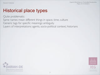 Experts Workshop on Controlled Vocabularies
Mainz 10-11/10/2013

Giovanni Colavizza

Historical place types
Quite problematic:
Same names mean different things in space, time, culture
Generic tags for speciﬁc meanings: ambiguity
Layers of interpretations: agents, socio-political context, historians

7

 