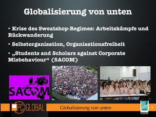 Globalisierung von unten Krise des Sweatshop-Regimes: Arbeitskämpfe und Rückwanderung Selbstorganisation, Organisationsfreiheit „ Students and Scholars against Corporate Misbehaviour“ (SACOM) Globalisierung von unten 