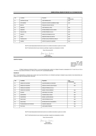 DIÁRIO OFICIAL EDIÇÃO Nº 858 DE 16 A 31 DE MAIO DE 2010



  Item            Localidade                                                   Proprietário                                                            Área
                                                                                                                                                       Desapropriada
  01              CANTINHO DE CIMA                                             JOSÉ FERREIRA NETO                                                      50m²

  02              SÍTIO BOMFIM                                                 RODOLPHO VICENTE DA NOBREGA TOMAZ                                       50m²

  03              BROTAS                                                       FRANCISCO DIAS DE FREITAS

  04              SABOEIRO                                                     JOSÉ FRANCISCO LOPES                                                    50m²

  05              SABOEIRO                                                     ANTÔNIO REMÍGIO DA SILVA JÚNIOR                                         50m²

  06              ROÇA DE CIMA                                                 ANTÔNIO PEREIRA DA SILVA                                                50m²

  07              GRAVATÁ                                                      AGNALDO SATURNINO DA SILVA                                              50m²

  08              JUNCO                                                        SEBASTIÃO FÁBIO DOS SANTOS                                              50m²

  09              FAZENDA NOVA                                                 ANTÔNIO CARLOS PEREIRA DE ARAÚJO                                        50m²

  10              CAIBRAS                                                      EXPEDITO GALDINO DE ANDRADE                                             50m²



                                Art. 2º- As áreas desapropriadas deverão estar de acordo com as medidas mencionadas no quadro do art. anterior.

                                Art. 3º - Este Decreto entrará em vigor na data de sua publicação, revogando-se as disposições em contrário.

                                                                                 Piancó, 28 de maio de 2010.




                                                                                        Flávia Galdino
                                                                                    Prefeita Constitucional


DECRETO Nº 003/2010

                                                                                                                                                                             Dispõe sobre
                                                                                                                                                              desapropriação por interesse
                                                                                                                                                              Social, de áreas na zona rural
                                                                                                                                                              deste município e dá outras
                                                                                                                                                              providências.


               A Prefeita Constitucional do Município de Piancó, no uso de suas atribuições legais, contidas na Lei Orgânica Municipal e as disposições do Art. 2º, inciso VI da Lei 4.132, de
10.09.1962, e no que couber as do Decreto Lei nº 3.365, de 21 de junho de 1941, e suas alterações posteriores;

DECRETA:

Art. 1º- Ficam desapropriadas, por interesse social, as áreas rurais de que trata este Decreto, com a finalidade de perfuração e instalação de poços tubulares do tipo artesiano/tubular para
abastecimento d’água nas propriedades abaixo relacionadas:



  Item            Localidade                                                   Proprietário                                                            Área
                                                                                                                                                       Desapropriada
  01              VÁRSEA DE CACHOEIRA                                          VALENTINA MARIA DA CONCEIÇÃO                                                            50m²

  02              VÁRZEA DE CACHOEIRA                                          GERALDA JUVINA DE JESUS PESSOA                                                          50m²

  03              VÁRZEA DE CACHOEIRA                                          GERALDO PEREIRA DA SILVA

  04              VÁRZEA DE CACHOEIRA                                          MANOEL PESSOA SOBRINHO                                                                  50m²

  05              POCINHO                                                      JOÃO MIGUEL DE OLIVEIRA                                                                 50m²

  06              GENIPAPEIRO                                                  EVANDRO ARAÚJO VERAS                                                                    50m²

  07              GENIPAPEIRO                                                  MANOEL LACERDA MESSIAS                                                                  50m²

  08              XIQUE-XIQUE                                                  JOSÉ SATURNINO DA SILVA                                                                 50m²

  09              XIQUE-XIQUE                                                  ANTÔNIO BATISTA DO NASCIMENTO                                                           50m²

  10              POCINHOS/RIACHO DE POCINHOS                                  HONORATO BRASILINO                                                                      50m²

  11              FRUTUOSO                                                     JOSÉ SOARES FERREIRA                                                                    50m




                                Art. 2º- As áreas desapropriadas deverão estar de acordo com as medidas mencionadas no quadro do art. anterior.


                                Art. 3º - Este Decreto entrará em vigor na data de sua publicação, revogando-se as disposições em contrário.

                                                                                 Piancó, 28 de maio de 2010.




                                                                                        Flávia Galdino
                                                                                    Prefeita Constitucional
 