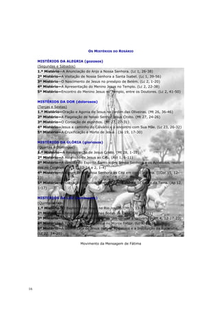 OS MISTÉRIOS DO ROSÁRIO


     MISTÉRIOS DA ALEGRIA (gozosos)
     (Segundas e Sábados)
     1.º Mistério—A Anunciação do Anjo a Nossa Senhora. (Lc 1, 26-38)
     2º Mistério—A Visitação de Nossa Senhora a Santa Isabel. (Lc 1, 39-56)
     3º Mistério—O Nascimento de Jesus no presépio de Belém. (Lc 2, 1-20)
     4º Mistério—A Apresentação do Menino Jesus no Templo. (Lc 2, 22-38)
     5º Mistério—Encontro do Menino Jesus no Templo, entre os Doutores. (Lc 2, 41-50)


     MISTÉRIOS DA DOR (dolorosos)
     (Terças e Sextas)
     1.º Mistério—Oração e Agonia de Jesus no Jardim das Oliveiras. (Mt 26, 36-46)
     2º Mistério—A Flagelação de Nosso Senhor Jesus Cristo. (Mt 27, 24-26)
     3º Mistério—O Coroação de espinhos. (Mt 27, 27-31)
     4º Mistério—Jesus a caminho do Cálvário e o encontro com Sua Mãe. (Lc 23, 26-32)
     5º Mistério—A Cruxificação e Morte de Jesus . (Jo 19, 17-30)


     MISTÉRIOS DA GLÓRIA (gloriosos)
     (Quartas e Domingos)
     1.º Mistério—A Ressurreição de Jesus Cristo. (Mt 28, 1-10)
     2º Mistério—A Ascensão de Jesus ao Céu. (Act 1, 6-11)
     3º Mistério—A descida do Espírito Santo sobre Nossa Senhora e os Apóstolos, reuni-
     dos no Cenáculo. (Act 1, 12-14 e 2, 1-4)
     4º Mistério—A Assunção de Nossa Senhora ao Céu em corpo e alma. (1Cor 15, 12-
     23)
     5º Mistério—A Coroação de Nossa Senhora, como Rainha do Céu e da Terra. (Ap 12,
     1-17)


     MISTÉRIOS DA LUZ (luminosos)
     (Quinta-feira)
     1.º Mistério—O Baptismo de Jesus no Rio Jordão. (Mt 3, 13-17)
     2º Mistério—A Revelação de Jesus nas Bodas de Caná. (Jo 2, 1-11)
     3º Mistério—O Anúncio do Reino de Deus. Um convite à conversão (Mt 4, 12-17-23)
     4º Mistério—A Transfiguração de Jesus no Monte Tabor. (Lc 9, 28-36)
     5º Mistério—A Última Ceia de Jesus com os Apóstolos e a Instituição da Eucarístia.
     (Lc 22, 14-20)


                              Movimento da Mensagem de Fátima




16
 