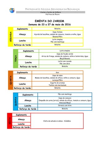 PATRONATO NOSSA SENHORA DA BONANÇA
Creche e Jardim-de-Infância
Vila Praia de Âncora
EMENTA DO JARDIM
Semana de 23 a 27 de maio de 2016
SEGUNDA
Suplemento Bolacha
Almoço
Sopa Juliana
Açorda de bacalhau, salada de cenoura, tomate e milho, água
Banana/Pêra
Lanche
Leite simples
Pão com manteiga
Reforço da tarde Bolacha
TERÇA
Suplemento Leite simples
Almoço
Sopa de feijão-verde
Arroz de frango, salada de cenoura, milho e beterraba, água
Maçã/Banana
Lanche
Leite com cevada
Pão com doce
Reforço da tarde Bolacha
QUARTA
Suplemento Kiwi
Almoço
Sopa de nabo
Massa de bacalhau, salada de alface, milho e cenoura, água
Laranja/Pêra
Lanche
Iogurte de aromas
Tostas com marmelada
Reforço da tarde Bolacha
QUINTA
Suplemento Pão com manteiga
Almoço
Sopa de cenoura
Empadão de carne (arroz), salada de alface, tomate e cenoura, água
Ameixas/Maçã
Lanche Cereais com leite
Reforço da tarde Bolacha
SEXTA
Suplemento
Visita de estudo a Lisboa - Kidzânia
Almoço
Lanche
Reforço da tarde
 