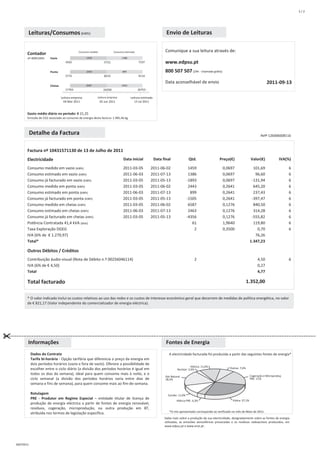 2/2




       Leituras/Consumos (kWh)                                                                                Envio de Leituras

                                            Consumo medido             Consumo estimado                      Comunique a sua leitura através de:
       Contador
       nº 40053493     Vazio                      1459                       1386
                                   4262                         5721                      7107               www.edpsu.pt
                       Ponta                      2443                       899                             800 507 507 (24h - chamada grátis)
                                   5772                         8215                      9114

                                                                                                             Data aconselhável de envio                                                   2011-09-13
                       Cheias                     6587                       2463
                                   17703                       24290                      26753

                                Leitura empresa           Leitura empresa           Leitura estimada
                                  04 Mar 2011                02 Jun 2011               13 Jul 2011


       Gasto médio diário no período: € 21,25
       Emissão de CO2 associado ao consumo de energia desta factura: 1.985,46 kg



           Detalhe da Factura                                                                                                                                                         Refª 126006608116



       Factura nº 10431571130 de 13 de Julho de 2011
       Electricidade                                                          Data inicial             Data final               Qtd.                 Preço(€)                 Valor(€)             IVA(%)

       Consumo medido em vazio (kWh)                                          2011-03-05          2011-06-02                    1459                   0,0697                   101,69                  6
       Consumo estimado em vazio (kWh)                                        2011-06-03          2011-07-13                    1386                   0,0697                    96,60                  6
       Consumo já facturado em vazio (kWh)                                    2011-03-05          2011-05-13                   -1893                   0,0697                  -131,94                  6
       Consumo medido em ponta (kWh)                                          2011-03-05          2011-06-02                    2443                   0,2641                   645,20                  6
       Consumo estimado em ponta (kWh)                                        2011-06-03          2011-07-13                     899                   0,2641                   237,43                  6
       Consumo já facturado em ponta (kWh)                                    2011-03-05          2011-05-13                   -1505                   0,2641                  -397,47                  6
       Consumo medido em cheias (kWh)                                         2011-03-05          2011-06-02                    6587                   0,1276                   840,50                  6
       Consumo estimado em cheias (kWh)                                       2011-06-03          2011-07-13                    2463                   0,1276                   314,28                  6
       Consumo já facturado em cheias (kWh)                                   2011-03-05          2011-05-13                   -4356                   0,1276                  -555,82                  6
       Potência Contratada 41,4 kVA (dias)                                                                                        61                   1,9640                   119,80                  6
       Taxa Exploração DGEG                                                                                                        2                   0,3500                     0,70                  6
       IVA (6% de € 1.270,97)                                                                                                                                                    76,26
       Total*                                                                                                                                                                 1.347,23

       Outros Débitos / Créditos
       Contribuição áudio-visual (Nota de Débito n.º 00256046114)                                                                  2                                               4,50                 6
       IVA (6% de € 4,50)                                                                                                                                                          0,27
       Total                                                                                                                                                                       4,77

       Total facturado                                                                                                                                                     1.352,00


       * O valor indicado inclui os custos relativos ao uso das redes e os custos de interesse económico geral que decorrem de medidas de política energética, no valor
       de € 821,17 (Valor independente do comercializador de energia eléctrica).




       Informações                                                                                            Fontes de Energia
           Dados do Contrato                                                                                    A electricidade facturada foi produzida a partir das seguintes fontes de energia*
           Tarifa bi-horária - Opção tarifária que diferencia o preço da energia em
           dois períodos horários (vazio e fora de vazio). Oferece a possíbilidade de
                                                                                                                                 Hídrica: 11,0%             Outras: 7,6%
           escolher entre o ciclo diário (a divisão dos períodos horários é igual em                                  Nuclear: 2,6%
           todos os dias da semana), ideal para quem consome mais à noite, e o                                                                                                Cogeração e Microproduç
                                                                                                             Gás Natural
           ciclo semanal (a divisão dos períodos horários varia entre dias de                                18,2%                                                            PRE: 17,8
           semana e fins de semana), para quem consome mais ao fim-de-semana.

           Rotulagem                                                                                           Carvão: 11,0%
           PRE - Produtor em Regime Especial – entidade titular de licença de                                                                                 Eólica: 27,1%
                                                                                                                     Hídrica PRE: 4,3%
           produção de energia eléctrica a partir de fontes de energia renovável,
           resíduos, cogeração, microprodução, ou outra produção em BT,
                                                                                                                *O mix apresentado corresponde ao verificado no mês de Maio de 2011.
           atribuída nos termos de legislação específica.
                                                                                                             Saiba mais sobre a produção da sua electricidade, designadamente sobre as fontes de energia
                                                                                                             utilizadas, as emissões atmosféricas provocadas e os resíduos radioactivos produzidos, em
                                                                                                             www.edpsu.pt e www.erse.pt .




16072011
 