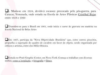 .  Muda-se em 1954, devido à escassez provocada pelo pós-guerra, para Caracas, Venezuela, onde estuda na Escola de Artes Plásticas  Cristóbal Rojas  entre 1958 e 1960  Transfere-se para o Brasil em 1961, onde inicia o curso de gravura em madeira na Escola Nacional de Belas Artes  Em 1967, participa da “Nova Objetividade Brasileira” que, entre outros preceitos, propunha a superação do quadro de cavalete em favor do objeto, sendo organizada por críticos e artistas, entre eles Hélio Oiticica.  Estuda no Pratt Graphic Center, em Nova York. Começa a trabalhar com diversas mídias,  como a instalação , a  fotografia  e  filmes .  
