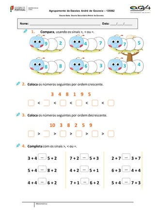 Agrupamento de Escolas André de Gouveia – 135562
Escola Sede: Escola Secundária André de Gouveia
Matemática
Nome: _____________________________________________ Data: ____/____/_____
1. Compara, usando os sinais >, < ou =.
2. Coloca os números seguintes por ordem crescente.
3 4 8 1 9 5
< < < < <
3. Coloca os números seguintes por ordem decrescente.
10 3 8 2 5 9
> > > > >
4. Completacom os sinais >, < ou =.
3 + 4 5 + 2 7 + 2 5 + 3 2 + 7 3 + 7
5 + 4 8 + 2 4 + 2 5 + 1 6 + 3 4 + 4
4 + 4 6 + 2 7 + 1 6 + 2 5 + 4 7 + 3
= = =
= = =
= = =
9 2 4 7 7 5
8 8 6 3 3 4
 