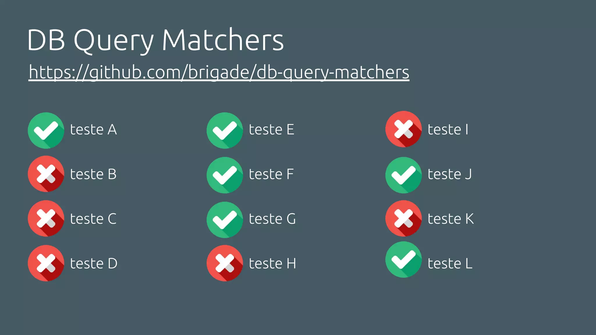 DB Query Matchers
https://github.com/brigade/db-query-matchers
teste A
teste B
teste C
teste D
teste E
teste F
teste G
teste H
teste I
teste J
teste K
teste L
 