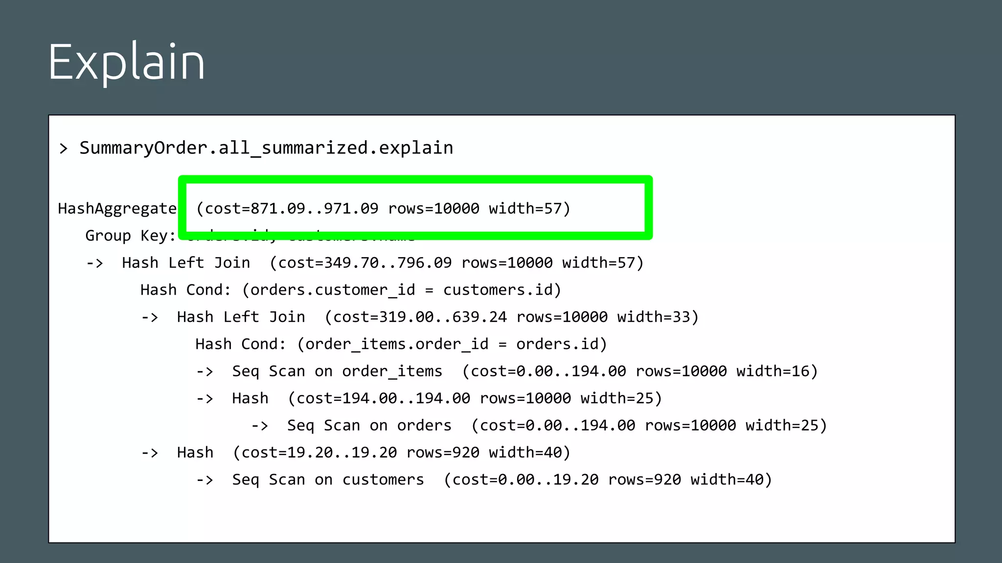 > SummaryOrder.all_summarized.explain
HashAggregate (cost=871.09..971.09 rows=10000 width=57)
Group Key: orders.id, customers.name
-> Hash Left Join (cost=349.70..796.09 rows=10000 width=57)
Hash Cond: (orders.customer_id = customers.id)
-> Hash Left Join (cost=319.00..639.24 rows=10000 width=33)
Hash Cond: (order_items.order_id = orders.id)
-> Seq Scan on order_items (cost=0.00..194.00 rows=10000 width=16)
-> Hash (cost=194.00..194.00 rows=10000 width=25)
-> Seq Scan on orders (cost=0.00..194.00 rows=10000 width=25)
-> Hash (cost=19.20..19.20 rows=920 width=40)
-> Seq Scan on customers (cost=0.00..19.20 rows=920 width=40)
Explain
 