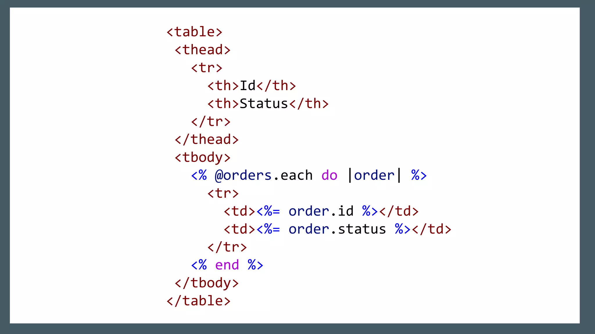 <table>
<thead>
<tr>
<th>Id</th>
<th>Status</th>
</tr>
</thead>
<tbody>
<% @orders.each do |order| %>
<tr>
<td><%= order.id %></td>
<td><%= order.status %></td>
</tr>
<% end %>
</tbody>
</table>
 