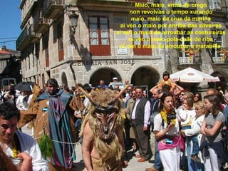Maio, maio, entra de crego non revolvas o tempo xurando maio, maio da cruz da mariña aí vén o maio por enriba das silveiras aí vén o maio de arroubar as costureiras aí vén o maio pola calle de riba aí vén o maio de arroubar a marabilla   