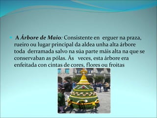  A Árbore de Maio: Consistente en erguer na praza,
rueiro ou lugar principal da aldea unha alta árbore
toda derramada salvo na súa parte máis alta na que se
conservaban as pólas. Ás veces, esta árbore era
enfeitada con cintas de cores, flores ou froitas
 
