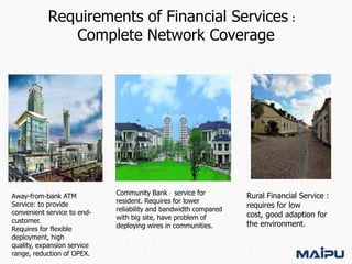 Requirements of Financial Services：
Complete Network Coverage

Away-from-bank ATM
Service: to provide
convenient service to endcustomer.
Requires for flexible
deployment, high
quality, expansion service
range, reduction of OPEX.

Community Bank：service for
resident. Requires for lower
reliability and bandwidth compared
with big site, have problem of
deploying wires in communities.

Rural Financial Service :
requires for low
cost, good adaption for
the environment.

 