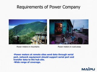 Requirements of Power Company

Power meters in mountains

Power meters in rural areas

•Power meters at remote sites send data through serial
port, network equipment should support serial port and
transfer data to the hub site.
•Wide range of coverage.

 