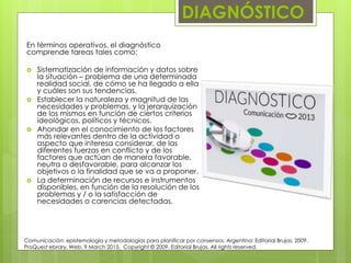 DIAGNÓSTICO
En términos operativos, el diagnóstico
comprende tareas tales como:
 Sistematización de información y datos sobre
la situación – problema de una determinada
realidad social, de cómo se ha llegado a ella
y cuáles son sus tendencias.
 Establecer la naturaleza y magnitud de las
necesidades y problemas, y la jerarquización
de los mismos en función de ciertos criterios
ideológicos, políticos y técnicos.
 Ahondar en el conocimiento de los factores
más relevantes dentro de la actividad o
aspecto que interesa considerar, de las
diferentes fuerzas en conflicto y de los
factores que actúan de manera favorable,
neutra o desfavorable, para alcanzar los
objetivos o la finalidad que se va a proponer.
 La determinación de recursos e instrumentos
disponibles, en función de la resolución de los
problemas y / o la satisfacción de
necesidades o carencias detectadas.
Comunicación: epistemología y metodologías para planificar por consensos. Argentina: Editorial Brujas, 2009.
ProQuest ebrary. Web. 9 March 2015. Copyright © 2009. Editorial Brujas. All rights reserved.
 