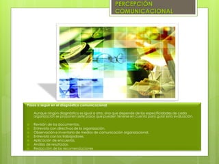 PERCEPCIÓN
COMUNICACIONAL
Pasos a seguir en el diagnóstico comunicacional
Aunque ningún diagnóstico es igual a otro, sino que depende de las especificidades de cada
organización se proponen siete pasos que pueden tenerse en cuenta para guiar esta evaluación.
 Revisión de los documentos.
 Entrevista con directivos de la organización.
 Observación e inventario de medios de comunicación organizacional.
 Entrevista con los trabajadores.
 Aplicación de encuestas.
 Análisis de resultados.
 Redacción de las recomendaciones.
 