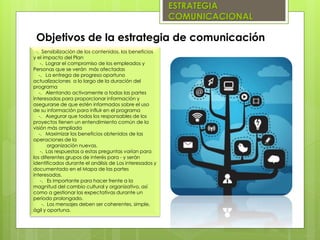ESTRATEGIA
COMUNICACIONAL
-. Sensibilización de los contenidos, los beneficios
y el impacto del Plan
-. Lograr el compromiso de los empleados y
Personas que se verán más afectadas
-. La entrega de progreso oportuno
actualizaciones a lo largo de la duración del
programa
-. Alentando activamente a todas las partes
interesadas para proporcionar información y
asegurarse de que estén informados sobre el uso
de su información para influir en el programa
-. Asegurar que todos los responsables de los
proyectos tienen un entendimiento común de la
visión más ampliada
-. Maximizar los beneficios obtenidos de las
operaciones de la
organización nuevas.
-. Las respuestas a estas preguntas varían para
los diferentes grupos de interés para - y serán
identificados durante el análisis de Los interesados y
documentado en el Mapa de las partes
interesadas.
-. Es importante para hacer frente a la
magnitud del cambio cultural y organizativo, así
como a gestionar las expectativas durante un
período prolongado.
-. Los mensajes deben ser coherentes, simple,
ágil y oportuna.
Objetivos de la estrategia de comunicación
 