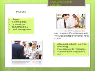 COMUNICACIÓN
EXTERNA
• clientes,
• intermediarios,
• proveedores,
• competencia, y
• público en general.
INCLUYE
La comunicación externa quede
vinculada a departamentos tales
como
• relaciones públicas y prensa,
• marketing,
• investigación de mercados,
• comunicación corporativa,
etc.
 