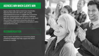 Agencies win when clients win 
Agency teams help clients break down brand silos. 
Agencies that work with clients with complex 
organizational structures or multiple lines of business 
may face communication and efficiency challenges. 
Agencies should collaborate with clients to break down 
silos to better understand consumers, execute on 
marketing strategies and enhance conversations within 
internal business units. 
RECOMMENDATION 
Agency teams should focus on overarching digital 
marketing strategies that help support the client’s 
business as a whole. 
 