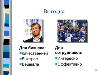 Выгодно Для бизнеса: Качественней Быстрее Дешевле Для сотрудников: Интересно Эффективно 