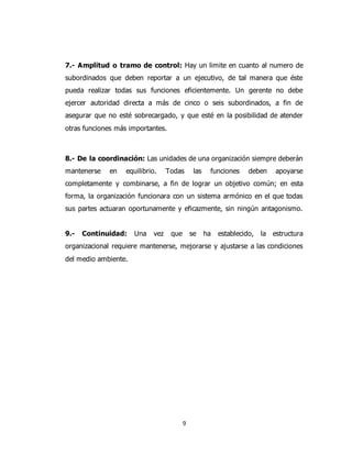 9
7.- Amplitud o tramo de control: Hay un limite en cuanto al numero de
subordinados que deben reportar a un ejecutivo, de tal manera que éste
pueda realizar todas sus funciones eficientemente. Un gerente no debe
ejercer autoridad directa a más de cinco o seis subordinados, a fin de
asegurar que no esté sobrecargado, y que esté en la posibilidad de atender
otras funciones más importantes.
8.- De la coordinación: Las unidades de una organización siempre deberán
mantenerse en equilibrio. Todas las funciones deben apoyarse
completamente y combinarse, a fin de lograr un objetivo común; en esta
forma, la organización funcionara con un sistema armónico en el que todas
sus partes actuaran oportunamente y eficazmente, sin ningún antagonismo.
9.- Continuidad: Una vez que se ha establecido, la estructura
organizacional requiere mantenerse, mejorarse y ajustarse a las condiciones
del medio ambiente.
 