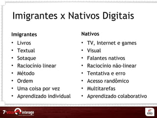 Imigrantes x Nativos Digitais
Imigrantes
• Livros
• Textual
• Sotaque
• Raciocínio linear
• Método
• Ordem
• Uma coisa por vez
• Aprendizado individual
Nativos
• TV, Internet e games
• Visual
• Falantes nativos
• Raciocínio não-linear
• Tentativa e erro
• Acesso randômico
• Multitarefas
• Aprendizado colaborativo
 