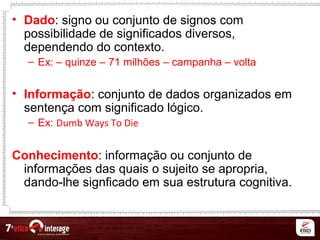 • Dado: signo ou conjunto de signos com
possibilidade de significados diversos,
dependendo do contexto.
– Ex: – quinze – 71 milhões – campanha – volta
• Informação: conjunto de dados organizados em
sentença com significado lógico.
– Ex: Dumb Ways To Die
Conhecimento: informação ou conjunto de
informações das quais o sujeito se apropria,
dando-lhe signficado em sua estrutura cognitiva.
 