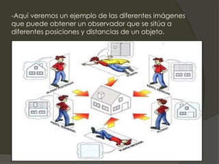 -Aquí veremos un ejemplo de las diferentes imágenes
que puede obtener un observador que se sitúa a
diferentes posiciones y distancias de un objeto.
 