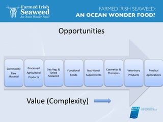 Opportunities
Commodity
Raw
Material
Processed
Agricultural
Products
Sea Veg. &
Dried
Seaweed
Functional
Foods
Nutritional
Supplements
Cosmetics &
Therapies
Veterinary
Products
Medical
Applications
Value (Complexity)
 
